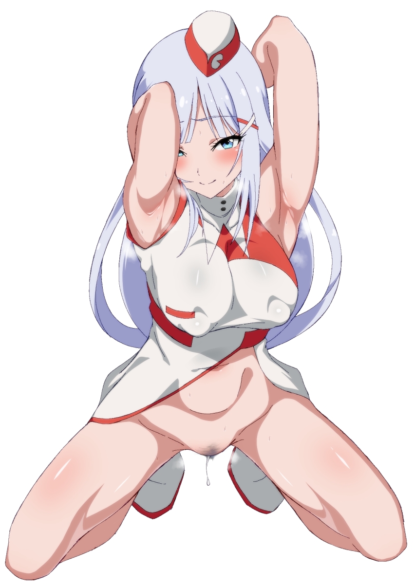 1girl armpits arms_behind_head arms_up blue_eyes blush bottomless breasts closed_mouth covered_erect_nipples female_pubic_hair full_body garrison_cap grey_hair hair_ornament hat highres idolmaster idolmaster_million_live! idolmaster_million_live!_theater_days large_breasts long_hair looking_at_viewer navel official_alternate_costume pubic_hair pussy_juice rqm55 shiraishi_tsumugi simple_background smile solo squatting voy@ger_(idolmaster) white_background x_hair_ornament