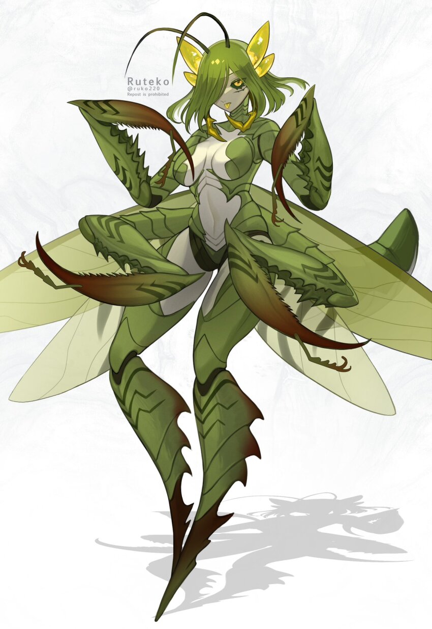 1girl antennae arthropod_girl arthropod_limbs artist_name breasts carapace colored_sclera colored_skin colored_tongue commentary_request extra_arms full_body green_hair green_sclera green_skin hair_over_eyes highres insect_wings looking_at_viewer mandibles mantis_girl medium_breasts medium_hair monster_girl multicolored_skin original praying_mantis ruteko_(ruko220) shadow simple_background tongue tongue_out twitter_username white_background wings yellow_eyes yellow_tongue