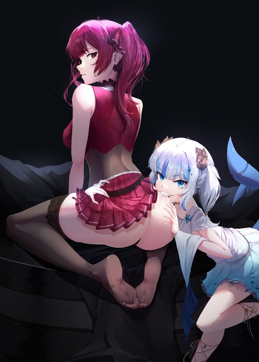 2girls absurdres ancient_greek_clothes armpit_crease ass bare_shoulders belt biting black_background black_leotard black_thighhighs blue_eyes blue_hair braid choker closed_mouth commentary cropped_jacket english_commentary eyelashes feet feet_on_chair fins fish_tail frilled_choker frills from_behind full_body gawr_gura gawr_gura_(party_dress) gold_trim greco-roman_clothes grey_hair hair_ornament hair_ribbon hand_on_another&#039;s_ass highres hololive hololive_english houshou_marine houshou_marine_(1st_costume) jacket kneeling knees_apart_feet_together lace lace-trimmed_legwear lace_trim legs leotard leotard_under_clothes looking_back miniskirt multicolored_hair multiple_girls no_shoes official_alternate_costume pleated_skirt red_eyes red_hair red_jacket red_skirt ribbon see-through_clothes see-through_legwear see-through_leotard shark_tail sharp_teeth sidelocks simple_background skirt sleeveless sleeveless_jacket soles standing standing_on_one_leg streaked_hair tail teeth thaigermane thighhighs toes toga twintails v-shaped_eyebrows virtual_youtuber