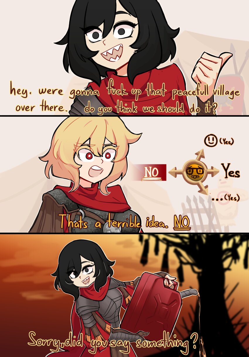 2girls absurdres anachronism armor black_hair blonde_hair can centurii-chan centurii-chan_(character) container english_text evocatus_(centurii-chan) gameplay_mechanics gas_can gasoline greco-roman_clothes hanging_from_tree highres holding holding_can jerry_can multiple_girls open_mouth original roman_armor roman_clothes sharp_teeth teeth thumbs_up tree