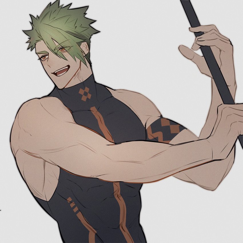 1boy abs achilles_(fate) achilles_(fearless_diver)_(fate) armband black_armband black_shirt brown_eyes fate/grand_order fate_(series) hair_between_eyes haruakira highres holding holding_polearm holding_weapon male_focus muscular muscular_male open_mouth pectorals polearm shirt short_hair sidepec simple_background sleeveless sleeveless_shirt solo teeth undercut weapon