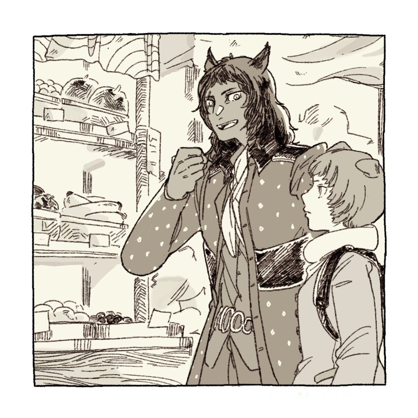 2boys animal_ears arm_up basilio_(metaphor:_refantazio) border brothers closed_mouth coat collared_coat dark-skinned_male dark_skin eye_contact fangs fidelio_(metaphor:_refantazio) folded_ear food fruit highres kunsei_oishii layered_clothes looking_at_another male_focus medium_hair metaphor:_refantazio monochrome multiple_boys open_mouth pants patterned_clothing scarf shelf short_hair siblings teeth tongue vest white_border