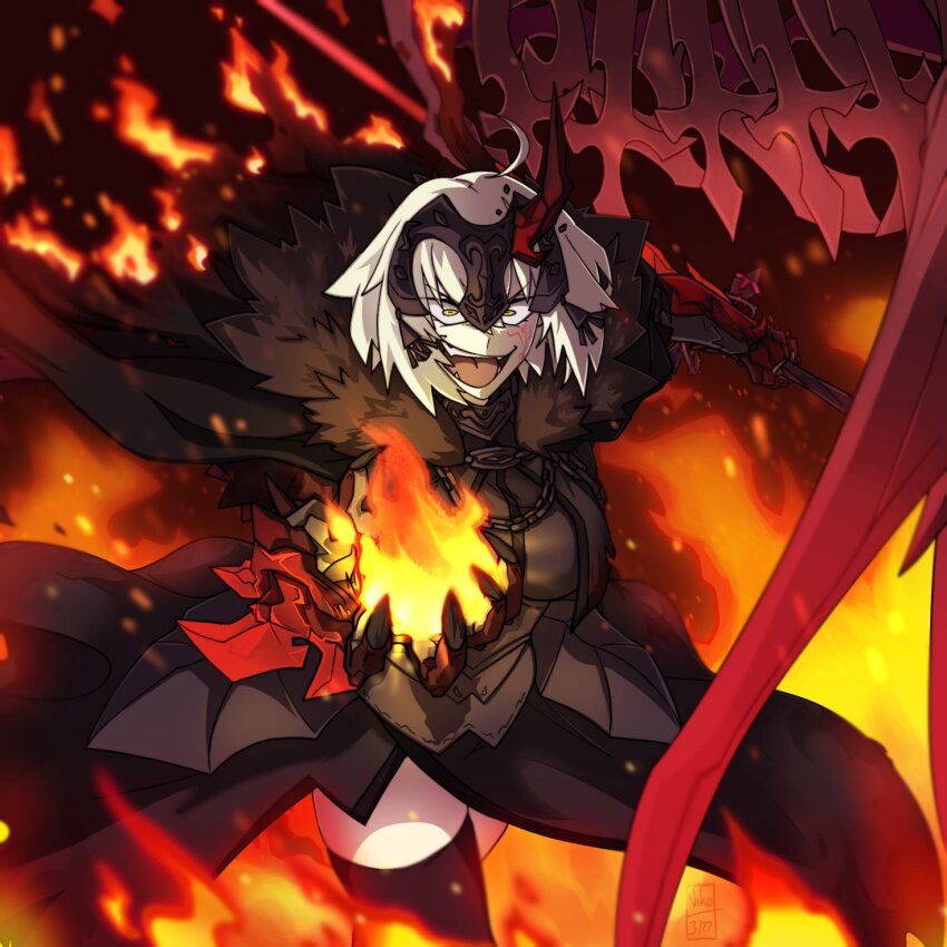 1girl ahoge armor armored_collar armored_corset cape chain crazy_eyes fate/grand_order fate_(series) fire fur_trim gorget headpiece highres jeanne_d&#039;arc_alter_(avenger)_(fate) jeanne_d&#039;arc_alter_(avenger)_(first_ascension)_(fate) jeanne_d&#039;arc_alter_(fate) kamuify medium_hair outstretched_arm pale_skin skindentation solo standard_bearer sword thighhighs weapon zettai_ryouiki