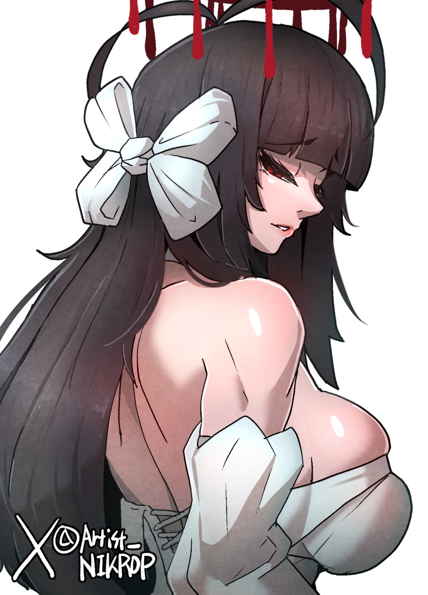 1girl antenna_hair black_hair blood blood_halo blue_archive bow breasts commentary detached_sleeves dress hair_bow halo highres large_breasts liquid_halo long_hair melting_halo nikrop official_alternate_costume red_eyes red_halo solo tsurugi_(blue_archive) tsurugi_(dress)_(blue_archive) upper_body very_long_hair white_bow white_dress
