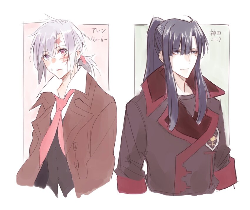 2boys allen_walker badge black_coat black_order_uniform black_shirt black_vest blue_eyes blue_hair brown_coat coat collared_coat collared_shirt d.gray-man facial_mark george_man green_background hair_between_eyes hair_ribbon heterochromia high_ponytail highres kanda_yuu long_hair looking_at_viewer looking_to_the_side low_ponytail medium_hair military military_uniform multiple_boys necktie open_mouth pink_background ponytail purple_eyes red_eyes red_necktie red_ribbon red_stripes ribbon shirt short_ponytail sidelocks star_(symbol) star_facial_mark striped_coat sweat trench_coat vest white_background white_hair white_shirt