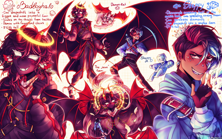 1other 2boys adapted_costume animal badboyhalo black_hair black_skin block_(minecraft) blue_hair brown_hair character_name claws colored_skin crown crystal dark-skinned_male dark_skin demon_boy demon_horns demon_wings dog dream_smp english_text eyelashes fangs fingerless_gloves food full_body gloves glowing glowing_eyes halo highres holding holding_pickaxe hood hoodie horns kuranberrri male_focus minecraft minecraft_youtube muffin multicolored_hair multiple_boys multiple_views multiple_wings open_mouth pickaxe rat_(badboyhalo) skeppy skeppy_jr. skin_fangs smile streaked_hair upper_body white_eyes wings