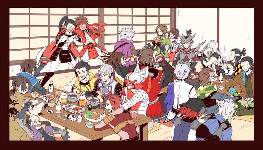 1girl 6+boys akechi_mitsuhide_(sengoku_basara) armor bad_id bad_pixiv_id bald black_border black_hair blush border bottle brown_hair cape card character_request chopsticks crossed_arms date_masamune_(sengoku_basara) drink closed_eyes food fuuma_kotarou gotou_matabei_(sengoku_basara) grey_hair hair_over_eyes hair_tie hat helmet highres houjou_ujimasa_(sengoku_basara) indian_style ishida_mitsunari_(sengoku_basara) japanese_armor japanese_clothes karaoke katakura_kojuurou katakura_kojuurou_(sengoku_basara) kuroda_kanbei li_naotora long_coat long_hair matsunaga_hisahide multicolored_hair multiple_boys music oda_nobunaga_(sengoku_basara) ootani_yoshitsugu playing_card ponytail red_hair sakon_shima_(sengoku_musou) sanada_yukimura_(sengoku_basara) sarutobi_sasuke scar sengoku_basara shima_sakon_(sengoku_basara) shima_sakon_(sengoku_musou) shoulder_spikes shuntaro_(syun_gaomu) singing sitting spikes takenaka_hanbee_(sengoku_basara) tatami tokugawa_ieyasu_(sengoku_basara) toyotomi_hideyoshi_(sengoku_basara) tsuruhime two-tone_hair white_hair