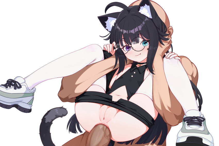 1boy 1girl absurdres ahoge anal animal_ear_fluff animal_ears black_choker black_hair black_shorts cat_ears cat_tail censored chinese_commentary choker clothes_pull commentary full_nelson glasses hetero highres linhangwei loli long_hair mosaic_censoring navel original penis pussy reverse_suspended_congress sex sex_from_behind shoes short_shorts shorts shorts_pull sneakers tail thighhighs white_background white_thighhighs