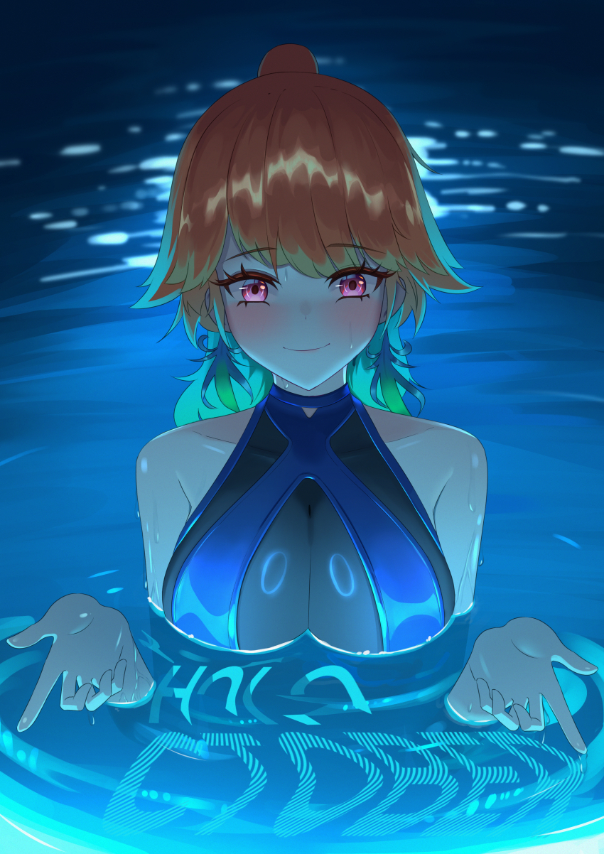 absurdres blue_one-piece_swimsuit breasts chainsaw_man closed_mouth earrings feather_earrings feathers gradient_hair green_hair highres hololive hololive_english i&#039;ll_teach_you_everything_(chainsaw_man) jewelry large_breasts long_hair looking_at_viewer multicolored_hair official_alternate_costume one-piece_swimsuit partially_submerged perfume_(takanashi_kiara) pink_eyes ring_light_reflection scene_reference see-through_clothes see-through_one-piece_swimsuit smile specwamen swimsuit takanashi_kiara virtual_youtuber water wet