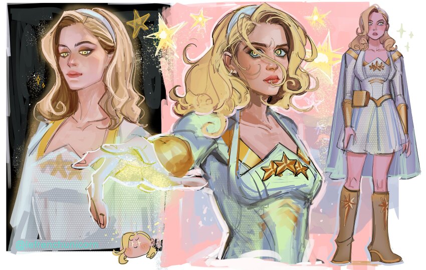 1boy blonde_hair boots breasts brown_boots cape chibi chibi_inset dress french-unicorn full_body gold_trim hairband highres long_hair medium_breasts multiple_views outstretched_hand sketch sparkling_eyes standing starlight_(the_boys) superhero_costume the_boys upper_body wavy_hair white_cape white_dress white_hairband yellow_eyes