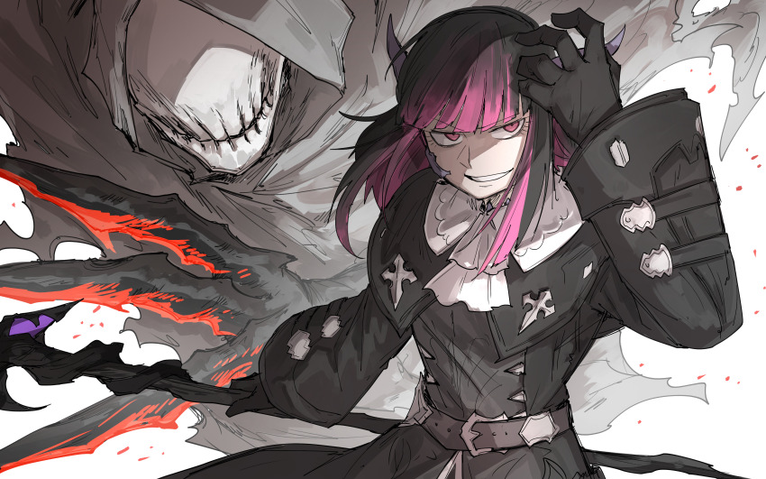 1girl absurdres au_ra belt black_cloak black_coat black_gloves black_hair claws cloak coat dragon_girl evil_grin evil_smile final_fantasy final_fantasy_xiv ghost gloves glowing_claws grey_cloak grin hand_on_own_face hand_up highres holding holding_weapon hood hooded_cloak horns kankan33333 multicolored_hair pink_eyes pink_hair reaper_(final_fantasy) reaper_avatar_(ff14) simple_background smile voidsent warrior_of_light_(ff14) weapon