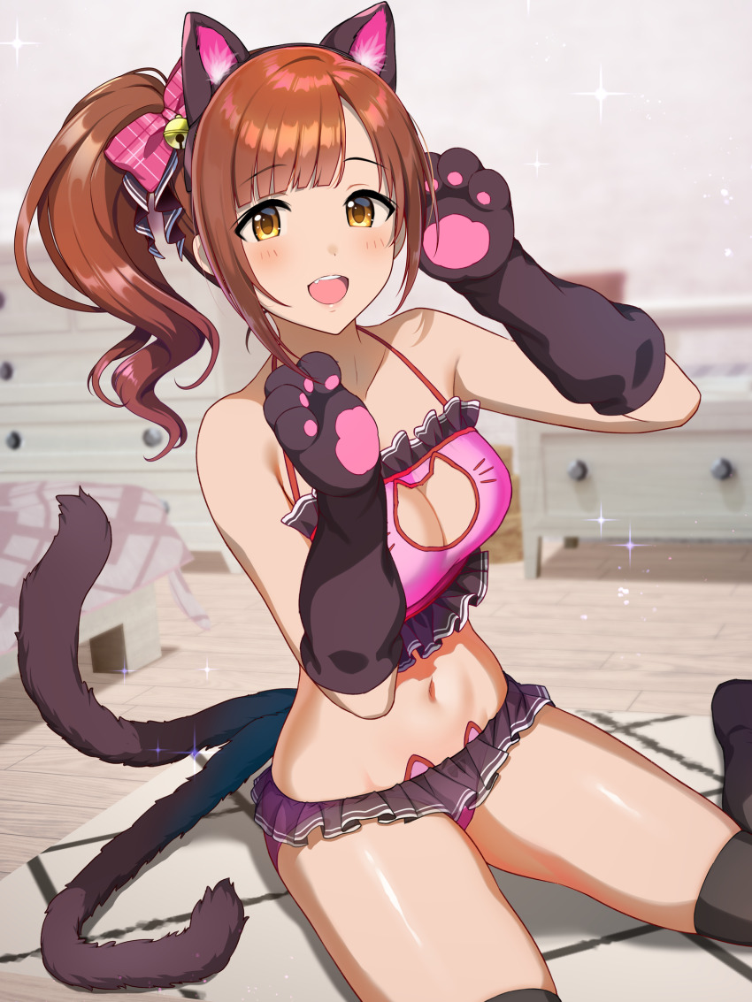 1girl animal_ears animal_hands black_thighhighs blunt_bangs blush bow bra breasts brown_eyes brown_hair cat_cutout cat_ear_panties cat_ears cat_lingerie cat_tail cleavage clothing_cutout commentary_request elbow_gloves fang frilled_bra frilled_panties frills gloves hair_bow hands_up highres idolmaster idolmaster_cinderella_girls igarashi_kyoko large_breasts long_hair looking_at_viewer meme_attire natsuya_(natuya777) navel open_mouth panties parted_bangs paw_gloves pink_bow plaid_bow side_ponytail skindentation smile solo stomach tail teeth thighhighs thighs underwear upper_teeth_only