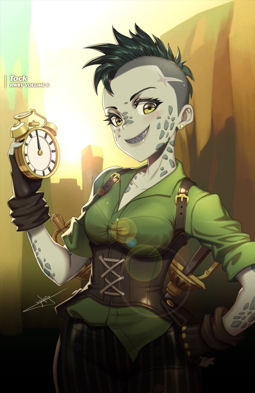 1girl analog_clock brown_gloves character_name clock collared_shirt commentary copyright_name earrings english_commentary eyelashes fingerless_gloves gloves green_hair green_shirt grin hand_on_own_hip highres holding_clock jewelry lens_flare mohawk nail_polish official_art rwby scar sharp_teeth shirt short_hair signature smile solo spots teeth tock_(rwby) uyalago very_short_hair yellow_eyes