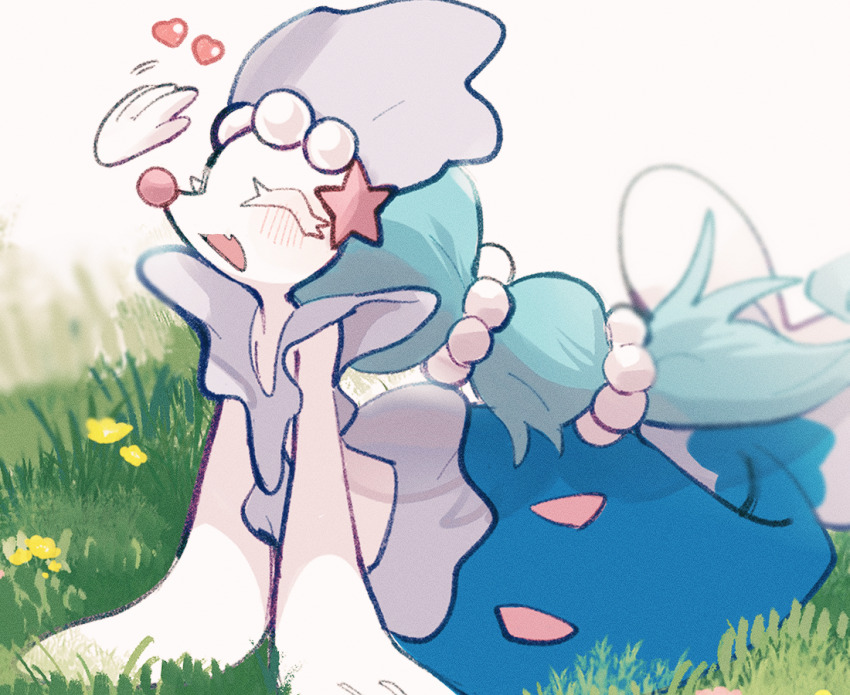 blue_hair blush closed_eyes colored_eyelashes colored_skin eyelashes fang flower gen_7_pokemon grass heart long_hair nintendo on_grass open_mouth pokemon pokemon_(creature) pokemon_focus primarina solo sstoh white_background white_eyelashes white_skin