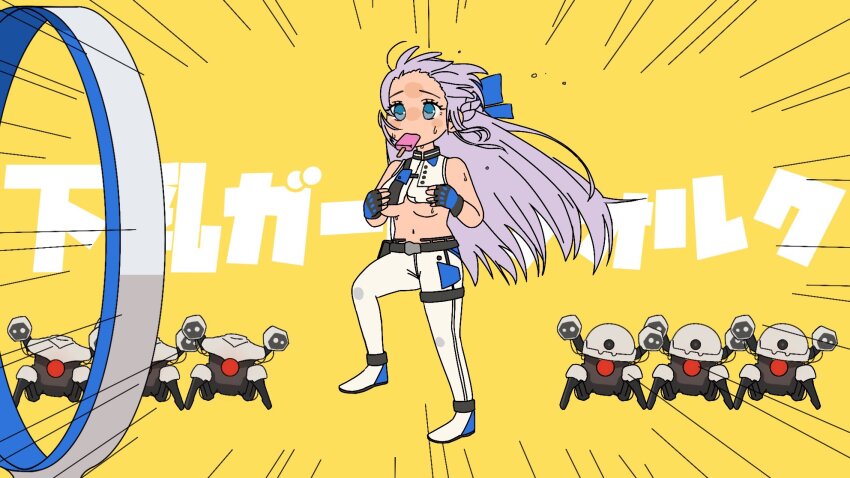 belt belt_pouch black_gloves bladeless_fan blue_bow blue_eyes blue_footwear blue_gloves bow braid breasts cropped_shirt fingerless_gloves folkwang_(nikke) food food_in_mouth gloves goddess_of_victory:_nikke hair_bow highres kyoufuu_all_back_(vocaloid) light_purple_hair long_hair medium_breasts mouth_hold no_bra o_o_k_i_n_a pants parody popsicle pouch rapture_(nikke) shirt sidelocks sleeveless sleeveless_shirt sweat two-tone_footwear two-tone_gloves underboob white_footwear white_pants