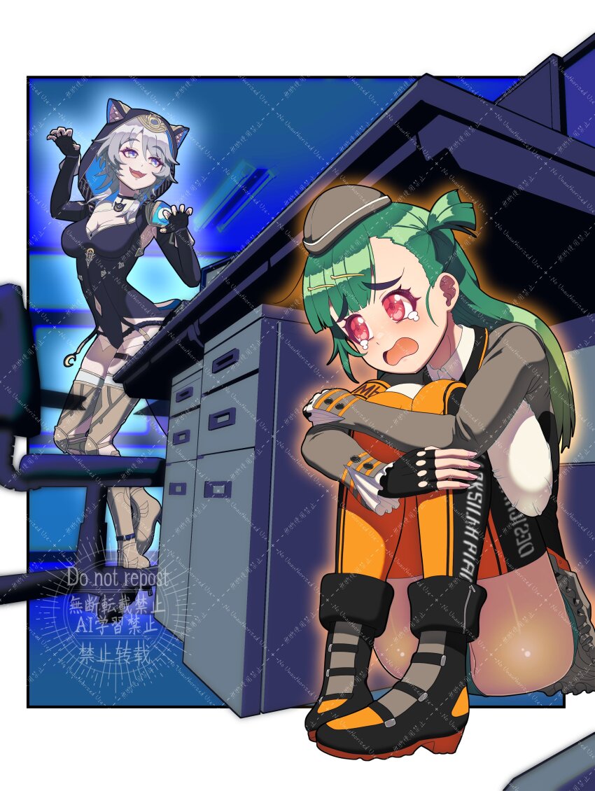 2girls absurdres ace_combat ace_combat_zero animal_hood anime_girl_hiding_from_a_terminator_(meme) belka_(girls&#039;_frontline_2) blue_eyes breasts cabinet cat_girl cat_hood cipher_(honkai:_star_rail) cleavage commission ears_through_hood file_cabinet g28_(girls&#039;_frontline) girls&#039;_frontline girls&#039;_frontline_2:_exilium green_hair grey_hair highres honkai:_star_rail honkai_(series) hood hugging_own_legs meme multiple_girls name_connection office pappet3104518 red_eyes skeb_commission tearing_up under_table
