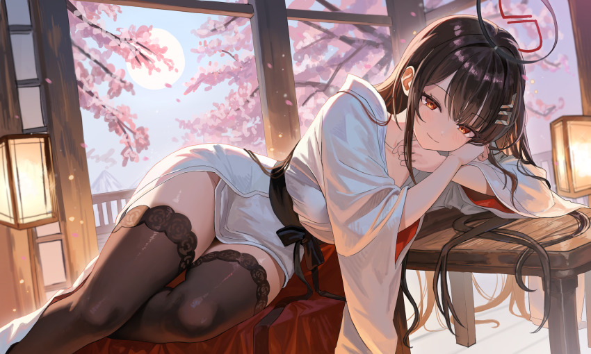1girl absurdres alternate_costume black_hair black_halo black_thighhighs blue_archive blush cherry_blossoms closed_mouth commentary_request hair_ornament hairpin halo highres japanese_clothes kimono lantern long_hair looking_at_viewer red_eyes rio_(blue_archive) smile solo thighhighs thighs very_long_hair white_kimono wide_sleeves yamu_(yamu_030)