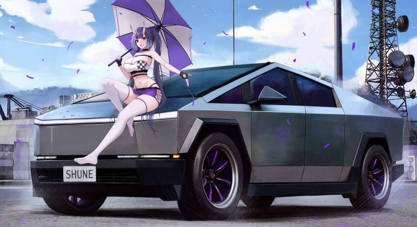 1girl absurdres bandeau bare_shoulders black_gloves black_panties blue_sky breasts car commission english_text fingerless_gloves gloves highleg highleg_panties highres holding holding_umbrella horns kcar66t mole motor_vehicle no_shoes oni original outdoors outstretched_arm panties pickup_truck pixiv_commission purple_hair purple_skirt race_queen red_eyes skin-covered_horns skirt sky solo strapless tesla_cybertruck thighhighs truck tube_top twintails umbrella underwear vehicle_focus white_bandeau white_thighhighs