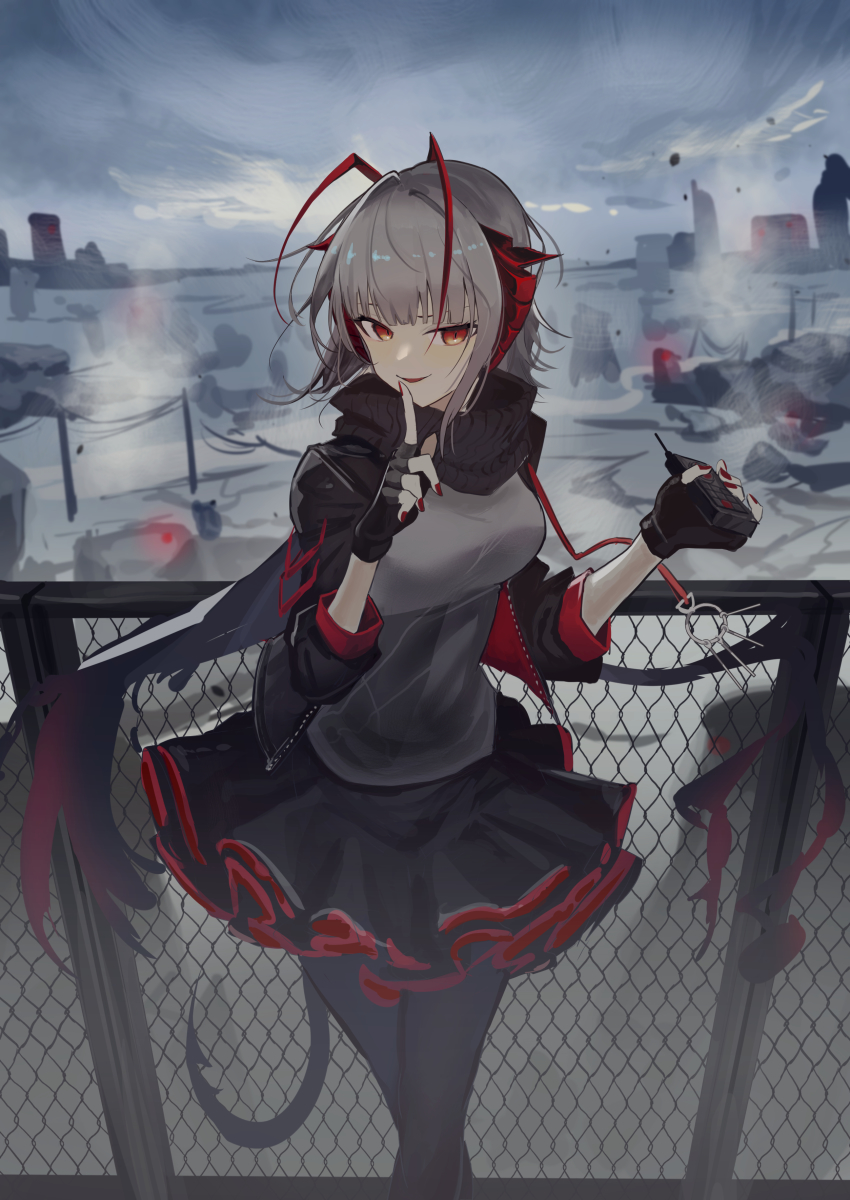 1girl absurdres antennae arknights black_jacket black_nails black_pantyhose black_scarf black_skirt breasts chain-link_fence commentary_request feet_out_of_frame fence grey_hair grey_shirt hands_up highres holding horns jacket large_breasts long_sleeves looking_at_viewer miniskirt nail_polish natsuba002 open_clothes open_jacket outdoors pantyhose parted_lips red_eyes red_nails scarf shirt short_hair skirt smile solo standing tail w_(arknights)