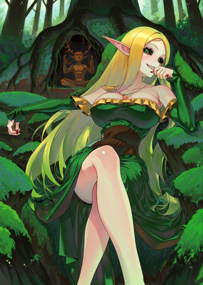 1girl absurdres black_sclera blonde_hair breasts brown_corset cleavage colored_sclera corset dress elf fingernails forest gemi_ningen green_dress green_eyes grin highres jewelry large_breasts long_hair looking_at_viewer low_neckline moss nail_polish nature necklace necklace_between_breasts off-shoulder_dress off_shoulder original pathfinder pointy_ears red_nails sharp_fingernails sharp_teeth smile solo teeth