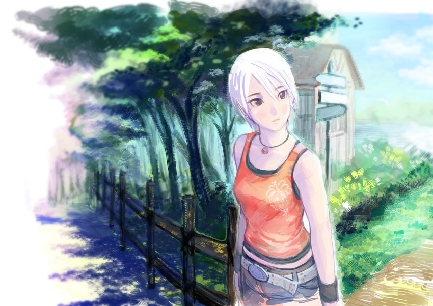 1girl 2015 another_code another_code_r ashley_mizuki_robbins belt black_eyes denim grass highres house jeans jewelry necklace pants red_tank_top short_hair t-tom tank_top tree white_hair