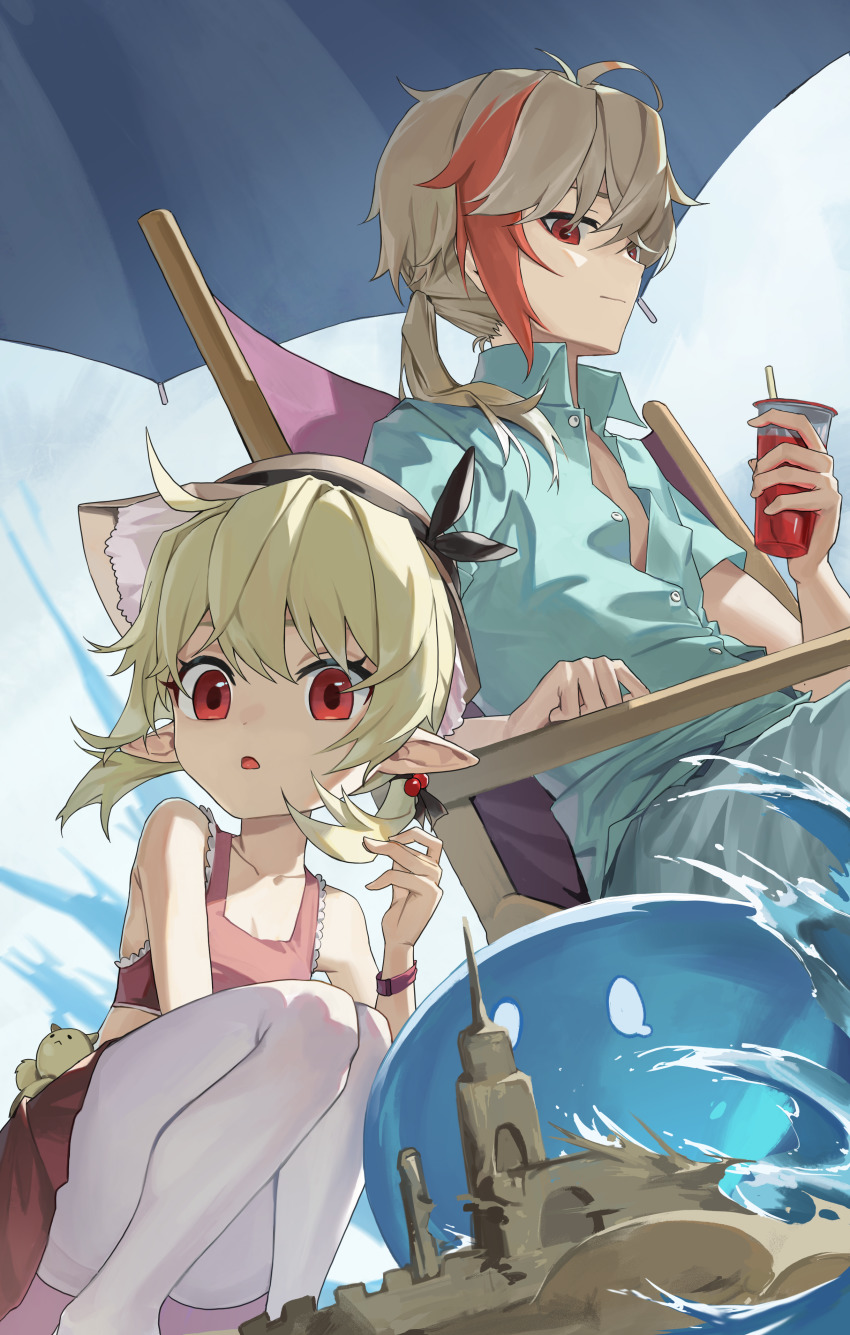 1boy 1girl absurdres ahoge alternate_costume beach_chair beach_umbrella casual collared_shirt commentary_request cup disposable_cup drink drinking_straw from_side genshin_impact grey_hair hair_between_eyes highres holding holding_cup kaedehara_kazuha klee_(genshin_impact) light_brown_hair long_hair looking_at_another looking_away looking_to_the_side low_ponytail midriff monky multicolored_hair pantyhose pointy_ears ponytail red_eyes sand_castle sand_sculpture shirt short_sleeves sidelocks sleeveless slime_(genshin_impact) smile squatting streaked_hair swimsuit two-tone_hair umbrella white_pantyhose