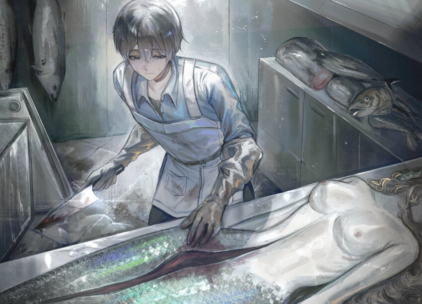 1boy 1girl apron bisected blonde_hair blue_shirt breasts brown_hair butchering cleavage collared_shirt elbow_gloves fins fish fish_tail glint gloves head_tilt highres holding holding_knife indoors knife light_particles long_hair lying mei_mezu nipples on_back original ribs salmon_(fish) shirt short_hair slouching tail tile_floor tiles undershirt very_long_hair white_apron white_gloves