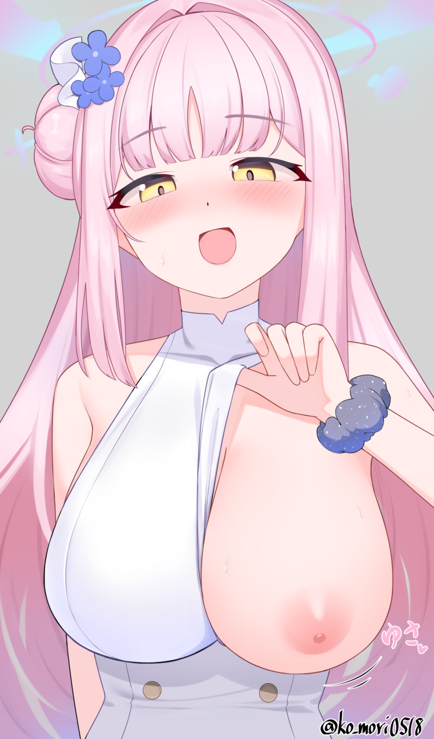 1girl bare_shoulders blue_archive blush bouncing_breasts breasts collarbone dress flower hair_bun hair_flower hair_ornament hair_ribbon halo highres huge_breasts koomori long_hair looking_at_viewer mika_(blue_archive) nipples one_breast_out open_mouth pink_hair pink_halo presenting_breasts purple_flower purple_scrunchie ribbon scrunchie simple_background single_side_bun smile solo starry_sky_print translation_request twitter_username white_dress white_ribbon wrist_scrunchie yellow_eyes