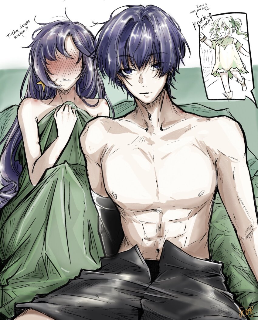 1boy 2girls abs alternate_hairstyle arms_at_sides bare_shoulders black_bridal_gauntlets black_shorts bloomers blunt_ends blush bracelet bridal_gauntlets caught closed_mouth collarbone covering_chest covering_privates cross-shaped_pupils dress earrings english_text faceless faceless_female full-face_blush genshin_impact green_dress green_eyes green_hair green_sleeves hair_down hair_ornament hand_up hetero hickey highres jewelry kacchan_09 leaf leaf_hair_ornament long_hair looking_at_viewer messy_hair mona_(genshin_impact) multiple_girls nahida_(genshin_impact) navel nipples no_eyes open_mouth partially_unbuttoned pectorals pointy_ears purple_eyes purple_hair scaramouche_(genshin_impact) shorts side_ponytail sidelocks single_bridal_gauntlet single_hair_intake sketch star_(symbol) star_earrings swept_bangs symbol-shaped_pupils toned toned_male topless_male tsurime under_covers underwear wanderer_(genshin_impact) white_bloomers white_hair white_mouth