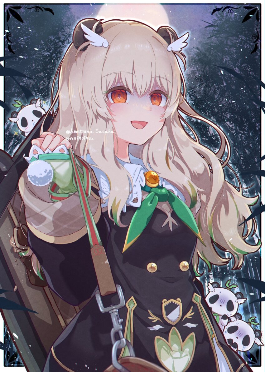 1girl amatsuna_sasaha animal_ears bamboo bamboo_forest breasts brown_eyes collar dragging esinoinu feather_hair_ornament feathers forest full_moon hair_between_eyes hair_ornament highres indie_virtual_youtuber light_brown_hair long_hair looking_at_viewer moon nature night open_mouth panda_ears pov scared shaded_face small_breasts solo twitter_username virtual_youtuber yandere