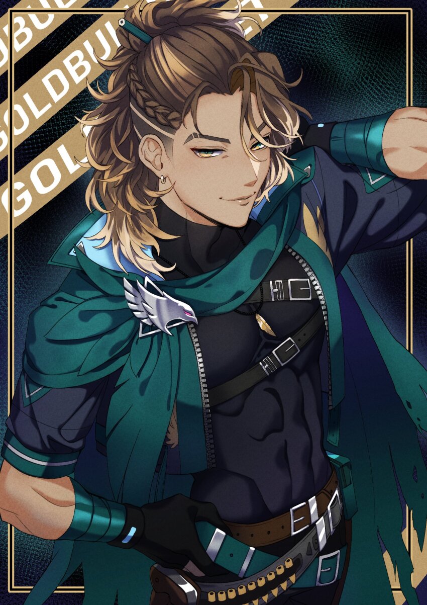 1boy abs arm_behind_head belt belt_buckle blonde_hair braid brown_hair buckle bullet cape character_name compression_shirt cowboy_shot cropped_jacket dark-skinned_male dark_skin eyebrow_cut gloves goldbullet green_cape half_up_braid high_collar highres hiropon_(owo_hiropon) holostars holostars_english holster jacket jewelry long_hair male_focus multicolored_hair multiple_belts necklace pencil pencil_in_hair ponytail solo streaked_hair toned toned_male virtual_youtuber yellow_eyes