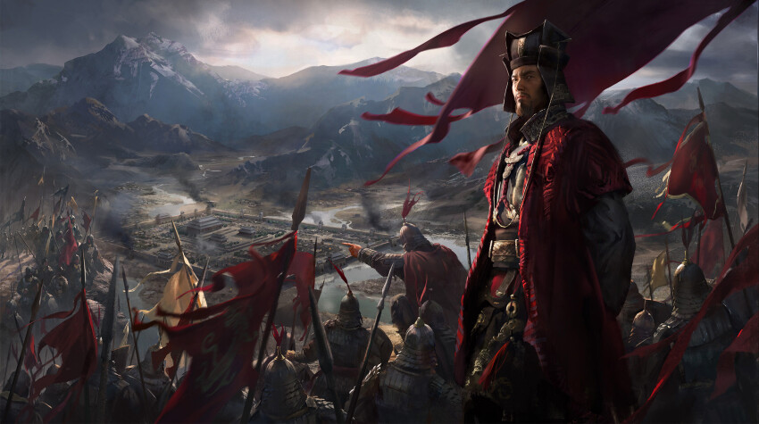 6+boys armor arms_behind_back army beard burning cao_cao cape chinese_clothes city coat facial_hair feathers flag full_armor guan_hat han_dynasty hanfu helmet highres holding holding_polearm holding_weapon lamellar_armor looking_at_viewer lulu_zhang mountain multiple_boys official_art pointing polearm red_cape red_coat romance_of_the_three_kingdoms smoke solo_focus total_war total_war:_three_kingdoms weapon