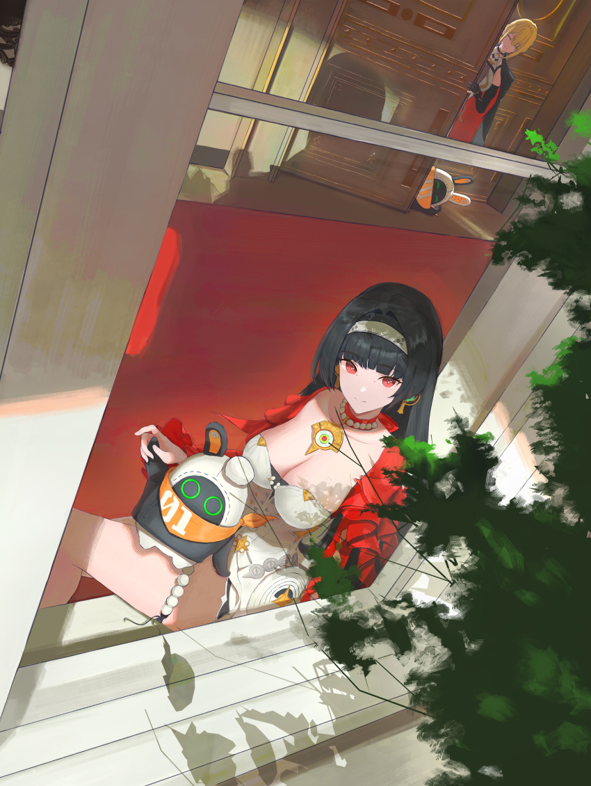 2girls absurdres astra_yao black_hair blonde_hair blunt_bangs breasts cleavage dutch_angle evelyn_chevalier highres lesux0723 looking_up multiple_girls red_eyes sitting smile thighs zenless_zone_zero