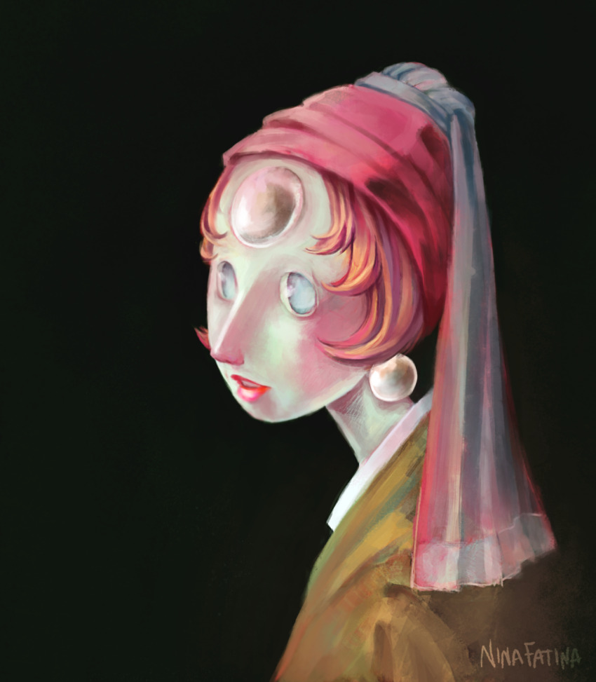 1girl artist_name black_background blue_eyes danisaurio dark_background earrings faux_traditional_media fine_art_parody gem girl_with_a_pearl_earring headscarf highres jewelry korean_clothes looking_at_viewer orange_hair pale_skin parody parted_lips pearl_(gemstone) pearl_(steven_universe) pearl_earrings pink_lips pointy_nose short_hair single_earring solo steven_universe