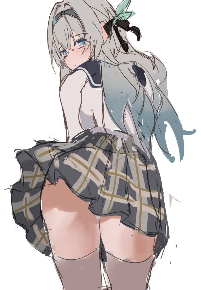 1girl absurdres black_ribbon blush closed_mouth collared_shirt firefly_(honkai:_star_rail) firefly_(spring_missive)_(honkai:_star_rail) from_behind gradient_hair green_pupils grey_hair grey_hairband grey_sailor_collar grey_skirt hair_between_eyes hair_intakes hair_ornament hairband highres honkai:_star_rail honkai_(series) long_hair multicolored_eyes multicolored_hair panties pleated_skirt ribbon sailor_collar shirt simple_background skirt solo takahashi_hizumi thighhighs two-tone_eyes underwear white_background white_panties white_shirt white_thighhighs