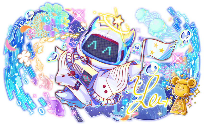 ^_^ aqua_eyes artist_request bubble cardiogram closed_eyes coat coline_(crash_fever) crash_fever cursive english_text fins fish fish_tail flag flower full-length_zipper full_body game_cg heart holding holding_flag horns jellyfish jerry_(crash_fever) lens_flare no_humans number_print numbered official_art open_mouth outline print_coat red_outline robot shark sharp_teeth simple_background solo_focus sparkle square square_print star_(symbol) star_ornament star_print tail teeth third-party_source transparent_background trophy white_coat zipper zipper_pull_tab