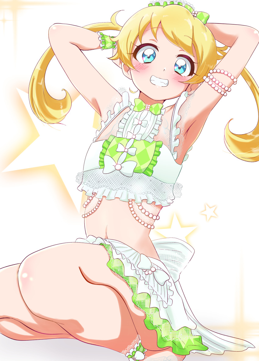 1girl absurdres armlet armpits arms_up back_bow bare_arms blonde_hair blue_eyes blush bow crop_top flat_chest green_bow green_skirt grin hair_bow hands_in_own_hair highres jewelry kiratto_pri_chan long_hair looking_at_viewer midriff miniskirt moegi_emo navel pretty_series shiny_skin simple_background skirt sleeveless smile solo stomach sugimura_mickey summer_maid_coord twintails white_background white_bow