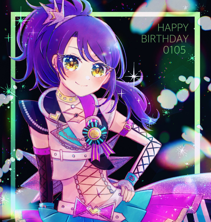 1girl choker cowboy_shot elbow_gloves fingerless_gloves gloves hand_on_own_hip happy_birthday highres idol_clothes long_hair looking_at_viewer navel pretty_series pripara purple_hair short_sleeves side_ponytail smile solo toudou_shion yellow_choker yellow_eyes yumenocorona