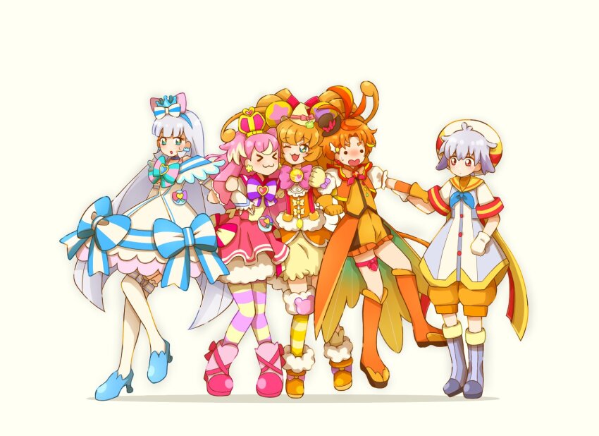 &gt;_&lt; 2boys 3girls :d arm_warmers baggy_shorts blonde_hair bloomers blue_neckerchief blue_shoes blush boots bow bowtie brooch choker coattails commission cropped_jacket crown cure_lillian cure_mofurun cure_wing cure_wonderful dress full_body gloves grey_boots grey_hair hair_bow hairband hat heart heart_brooch high_heels highres hirogaru_sky!_precure holding_another&#039;s_arm in-franchise_crossover inukai_komugi jacket jewelry knee_boots kneehighs long_hair looking_at_another low_ponytail magical_boy magical_girl mahou_girls_precure! mofurun_(mahou_girls_precure!) multicolored_hair multiple_boys multiple_girls neckerchief nekoyashiki_yuki o_o off-shoulder_dress off_shoulder open_mouth orange_boots orange_dress orange_gloves orange_hair orange_jacket orange_shorts orange_vest pink_dress pink_hair pleated_dress ponytail precure puffy_short_sleeves puffy_sleeves red_eyes sailor_collar shirt shoes short_hair short_sleeves shorts simple_background skeb_commission skirt smile socks standing straight_hair striped_bow striped_clothes striped_socks striped_thighhighs thighhighs toyama_daifuku two-tone_hair two_side_up underwear very_long_hair vest white_background white_dress white_gloves white_hair white_shirt white_thighhighs wonderful_precure! wrist_cuffs yellow_sailor_collar yuu13 yuunagi_tsubasa