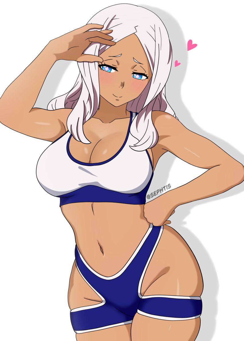1girl absurdres arm_up blue_eyes breasts cleavage commentary dark-skinned_female dark_skin en&#039;en_no_shouboutai english_commentary flower-shaped_pupils hand_on_own_hip hibana_(enen_no_shouboutai) highres hip_vent large_breasts long_hair looking_at_viewer navel sephtis short_shorts shorts simple_background solo sports_bra symbol-shaped_pupils t-back_spats white_background white_hair