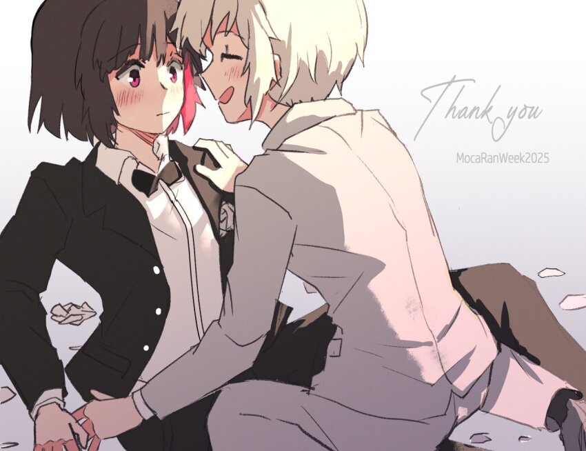 2girls aoba_moca bang_dream! between_legs black_bow black_bowtie black_hair black_jacket black_pants black_suit bow bowtie brochan closed_eyes closed_mouth collared_shirt colored_inner_hair commentary english_commentary english_text formal_clothes gradient_background grey_background hand_on_another&#039;s_shoulder jacket mitake_ran multicolored_hair multiple_girls open_mouth pants red_eyes red_streaks shirt short_hair sitting smile suit white_background white_hair white_jacket white_pants white_shirt white_suit wife_and_wife yuri