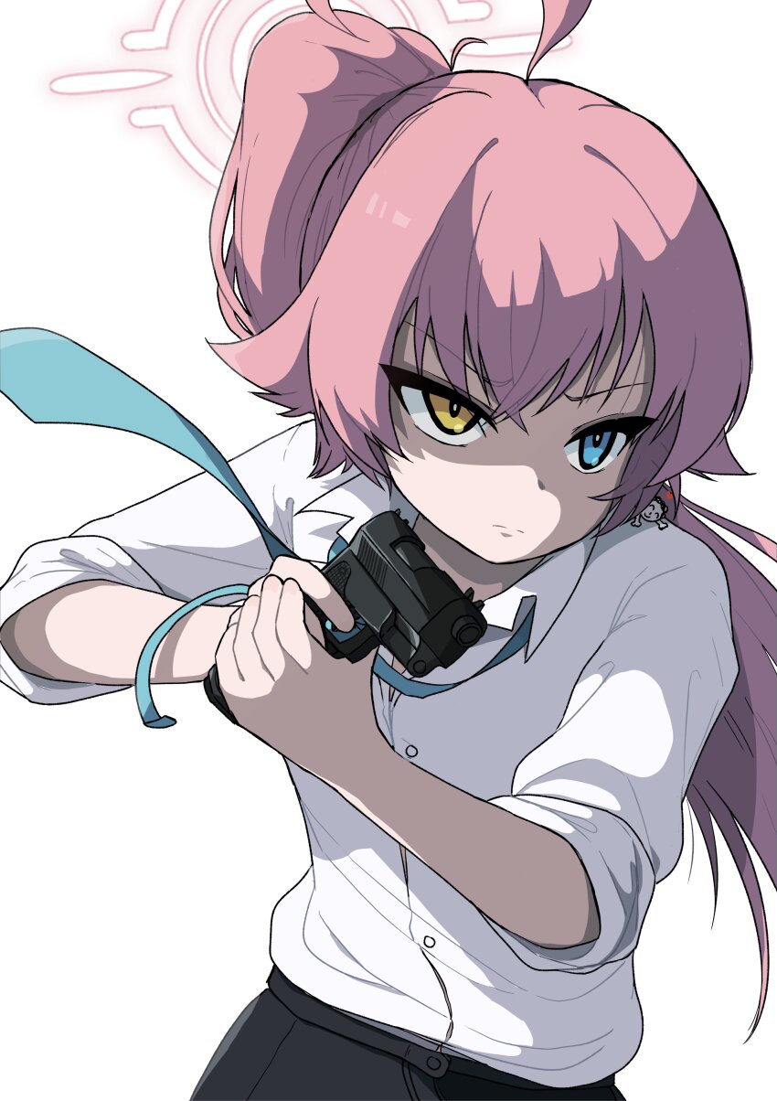 absurdres ahoge beretta_1301 black_skirt blue_archive blue_eyes closed_mouth doodle_sensei_(blue_archive) fang giant giantess gun hair_between_eyes halo heterochromia high_ponytail high_side_ponytail highres holding holding_gun holding_weapon hoshino_(blue_archive) huge_ahoge long_hair necktie partially_unbuttoned pink_hair pink_halo ponytail preesoul sensei_(blue_archive) serious shirt simple_background skirt solo_focus very_long_hair weapon white_shirt yellow_eyes