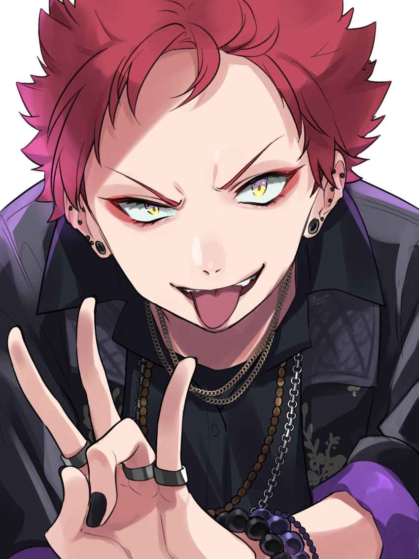 1boy bead_bracelet beads bracelet chain chain_necklace constricted_pupils ear_piercing earrings harai_kuko highres hypnosis_mic jacket jewelry kishinaito looking_at_viewer male_focus multiple_necklaces multiple_piercings multiple_rings nail_polish necklace open_mouth piercing red_hair ring short_hair smile solo tongue tongue_out upper_body v-shaped_eyebrows w yellow_eyes