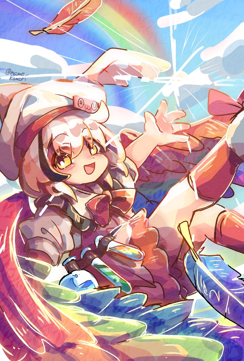 1girl black_hair blue_sky collared_shirt commentary_request feathers hat highres hollow_song_of_birds mame_komari multicolored_hair neck_ribbon open_mouth puffy_short_sleeves puffy_sleeves rainbow rainbow_wings red_ribbon red_skirt red_socks ribbon shirt shoes short_sleeves skirt sky smile socks solo torisumi_horou touhou white_hair white_hat white_shirt white_shoes winged_hat wings yellow_eyes