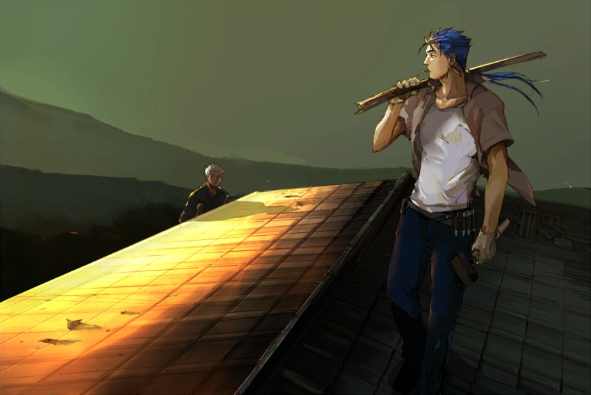 2boys archer_(fate) blue_hair casual crimo cu_chulainn_(fate) cu_chulainn_(fate/stay_night) dark-skinned_male dark_skin fate/stay_night fate_(series) multiple_boys rooftop white_hair