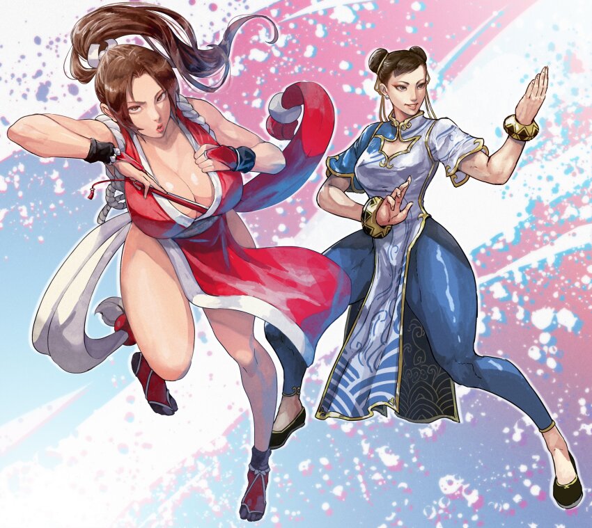 absurdres arm_guards ass bad_tag bare_shoulders black_hair bracelet breasts brown_eyes brown_hair bun_cover capcom chinese_clothes chun-li cirenk cleavage crossover double_bun earrings fatal_fury fighting_stance folded_fan folding_fan hair_bun hand_fan high_ponytail highres holding holding_fan japanese_clothes jewelry large_breasts long_hair looking_at_viewer multiple_girls ninja pelvic_curtain ponytail revealing_clothes rope shiranui_mai short_hair sideboob snk street_fighter street_fighter_6 the_king_of_fighters thick_thighs thighs unitard