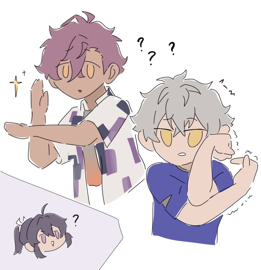 3boys :d ? blue_shirt casual chibi chibi_inset chibi_only collared_shirt cropped_torso crossed_bangs dark-skinned_male dark_skin double-parted_bangs ensemble_stars! failure gradient_clothes gradient_shirt grey_hair hair_between_eyes hair_intakes hands_up heart_hands_failure highres jitome kanzaki_souma looking_at_viewer male_focus messy_hair motion_lines motoyui multiple_boys ogami_koga open_clothes open_mouth open_shirt otogari_adonis parted_bangs ponytail purple_background purple_hair raised_eyebrow shirt shirt_under_shirt short_hair short_sleeves sidelocks simple_background smile sparkle trembling v-shaped_eyebrows white_background whiten_wolf yellow_eyes you&#039;re_doing_it_wrong