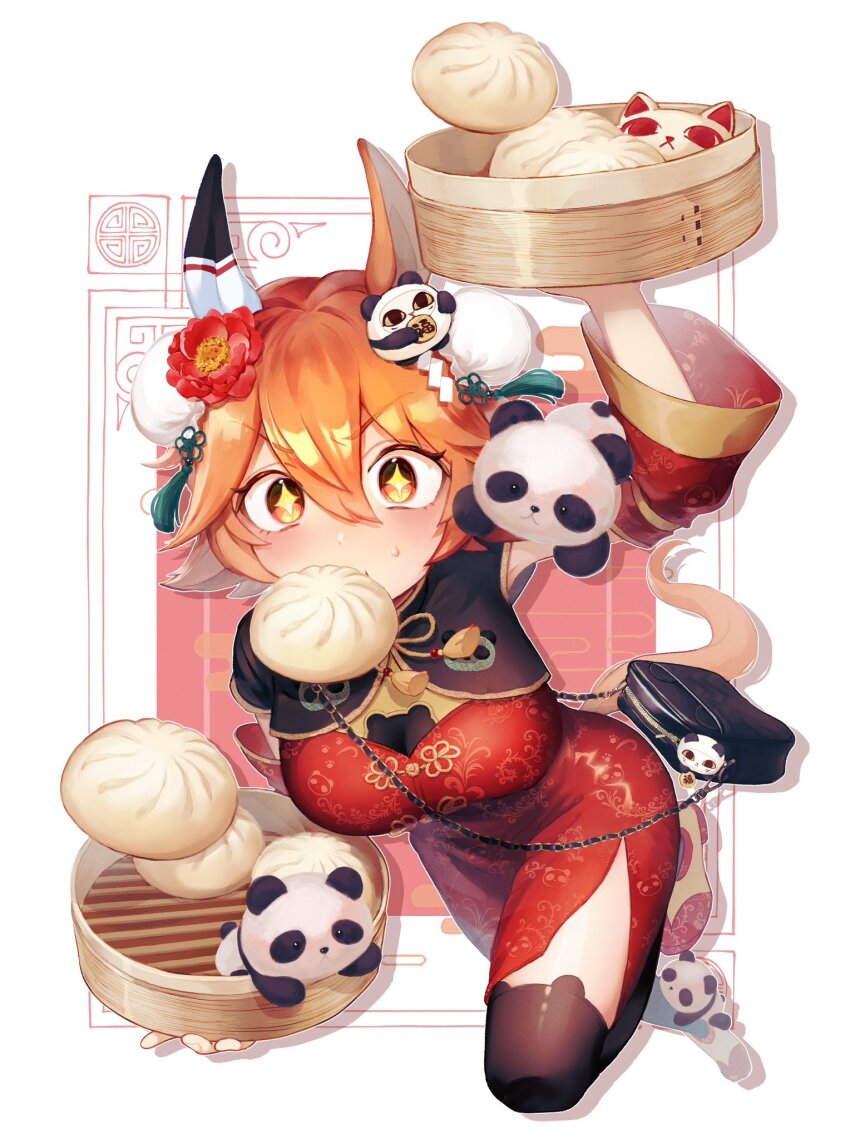 +_+ 1girl alternate_costume animal_ear_legwear animal_ears arm_up bag bamboo_steamer black_thighhighs braid breasts bun_cover china_dress chinese_clothes detached_sleeves double_bun dress flower food food_in_mouth hair_bun hair_flower hair_ornament highres horse_ears horse_girl horse_tail looking_at_viewer maneki-neko matikanefukukitaru_(umamusume) medium_breasts mouth_hold orange_hair panda red_dress sekiyu_inu shoes short_hair shoulder_bag side_slit solo steamed_bun sweatdrop tail tassel tassel_hair_ornament thighhighs umamusume v-shaped_eyebrows yellow_eyes