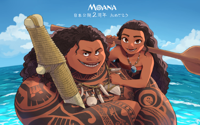 1boy 1girl arm_tattoo blue_sky brown_eyes brown_hair character_name chest_tattoo cloud dark-skinned_female dark-skinned_male dark_skin day holding holding_oar jewelry long_hair looking_at_viewer maui_(moana) moana_(movie) moana_waialiki necklace oar outdoors pano_(mohayayamai) sky tattoo translation_request tribal_tattoo water