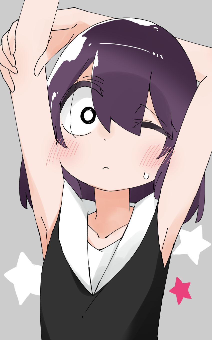1girl absurdres arms_up black_dress black_hair dress grey_background highres jijou_wo_shiranai_tenkousei_ga_guigui_kuru. kawamura_taku light_blush medium_hair nishimura_akane one_eye_closed solo star_(symbol) sweatdrop white_eyes